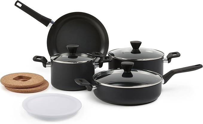 10 -Piece Hard Anodized Non-stick Stackable Cookware Pots and Pans Set, Space Saving, made without PFOA, Black